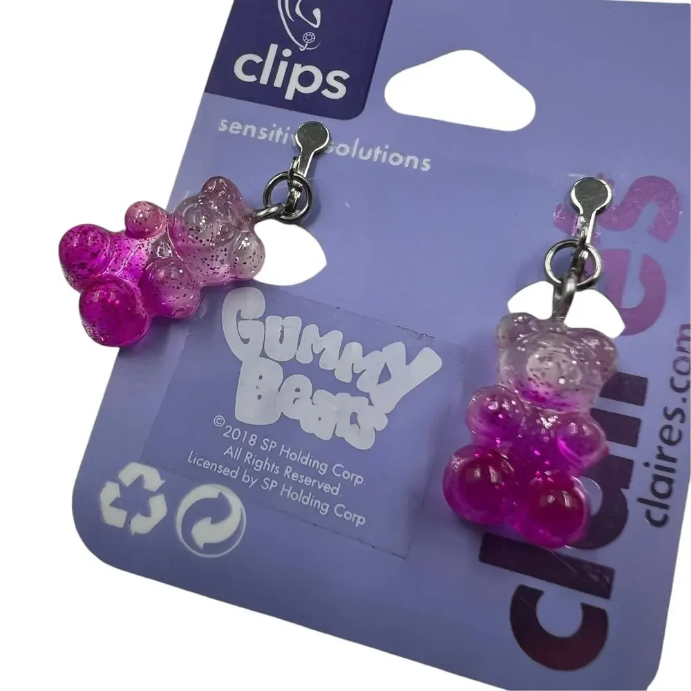 NEW Claire's Sensitive Solutions Pink Ombre Glitter Gummy Bear Clip On Earrings